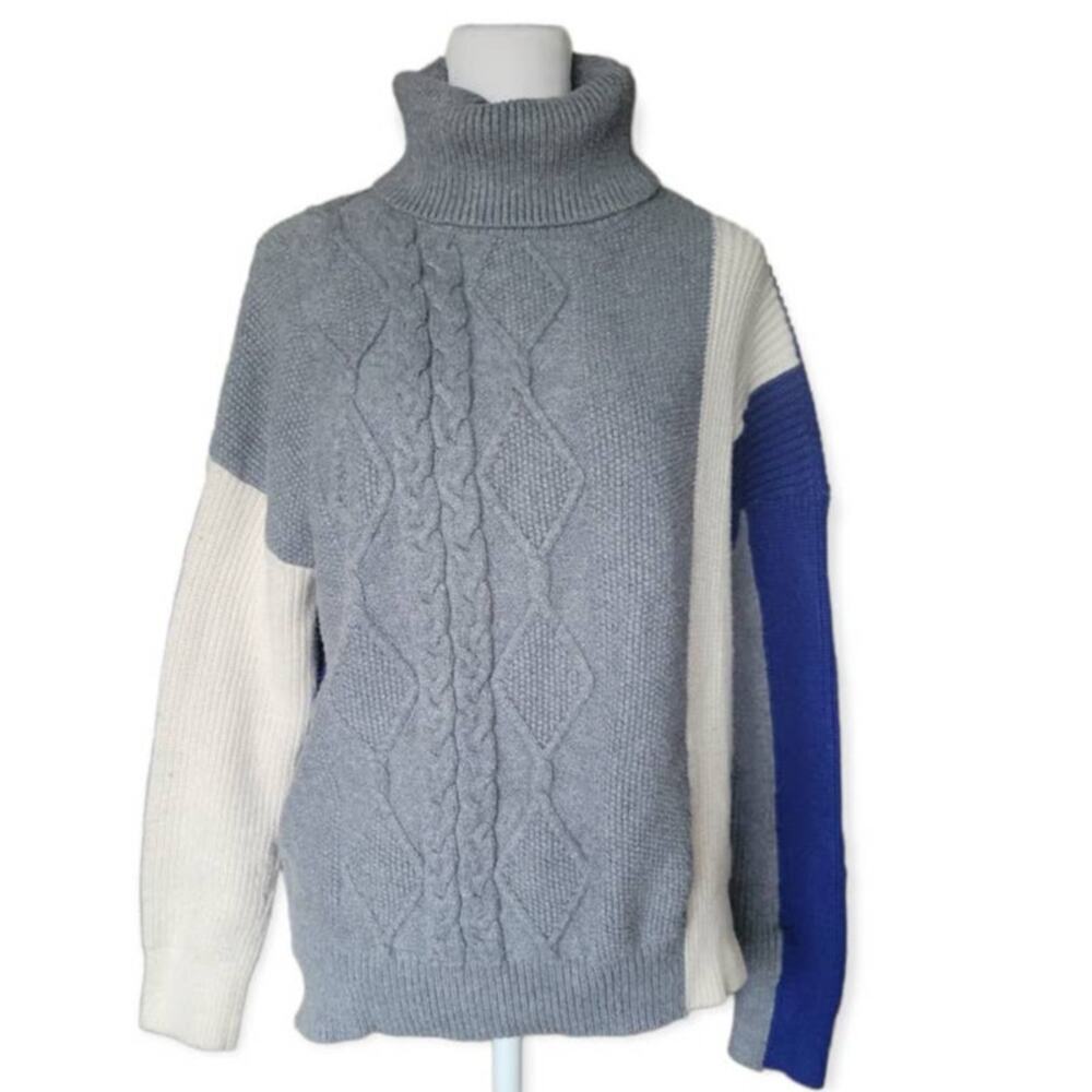 Women's Colorblock Cable Knit Turtleneck Sweater Long Sleeve